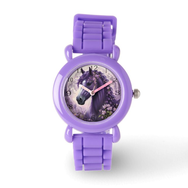Lila Fantasy Horse Måne Flowers Armbandsur (Framsida)