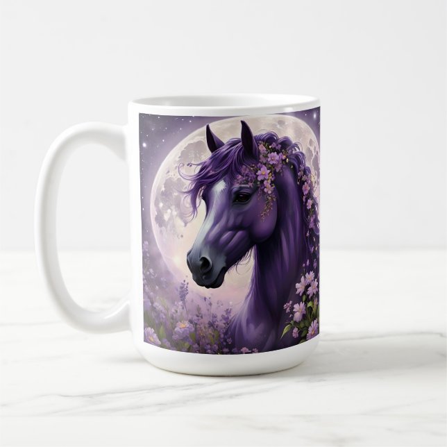 Lila Fantasy Horse Måne Flowers Kaffemugg (Vänster)