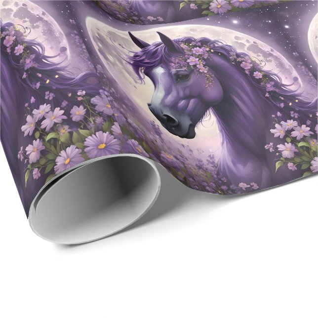 Lila Fantasy Horse Måne Flowers Presentpapper (Rullad Hörn)