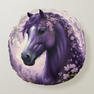 Lila Fantasy Horse Måne Flowers Rund Kudde