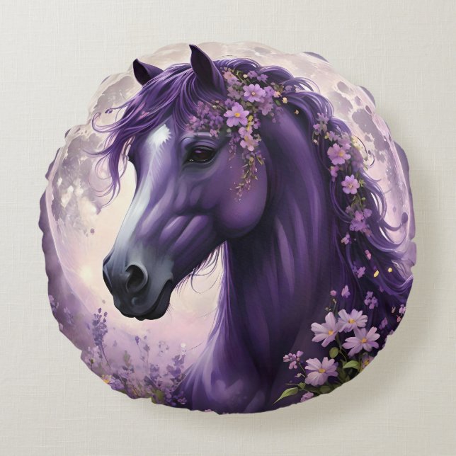 Lila Fantasy Horse Måne Flowers Rund Kudde (Framsidan)