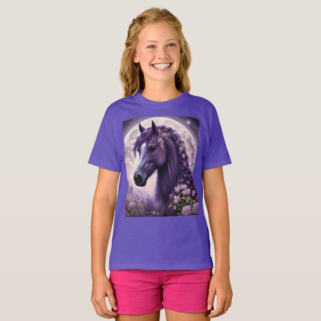Lila Fantasy Horse Måne Flowers T Shirt (Hel framsida)
