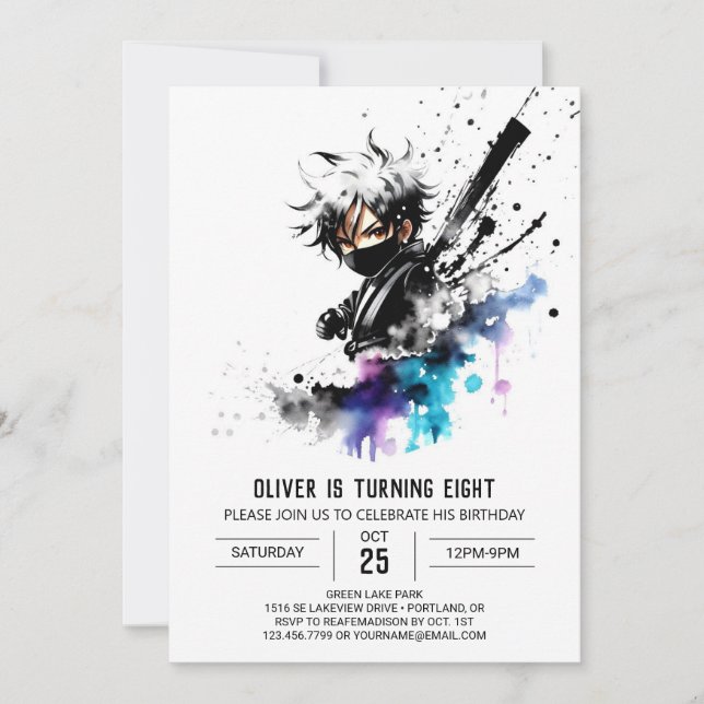 Lila Fantasy Ninja Boy Digital Birthday Inbjudningar (Framsida)