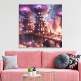 Lila Fantasy Steampunk City Canvastryck