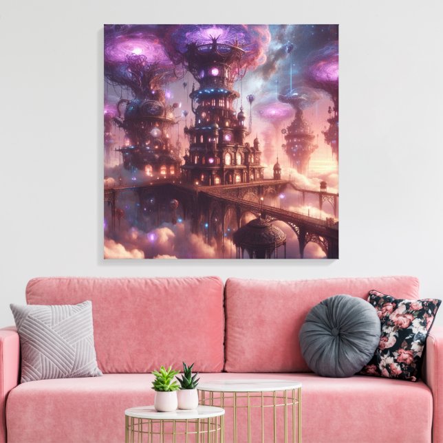 Lila Fantasy Steampunk City Canvastryck (Insitu (Vardagsrum))