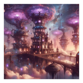 Lila Fantasy Steampunk City Fototryck