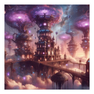 Lila Fantasy Steampunk City Fototryck