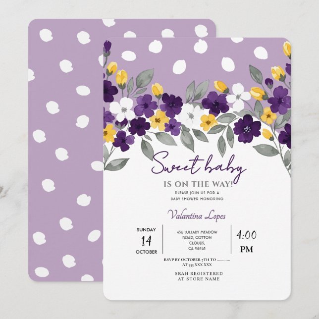 Lila | Färgglad blomma babykalas Inbjudningar (Fram/baksida)