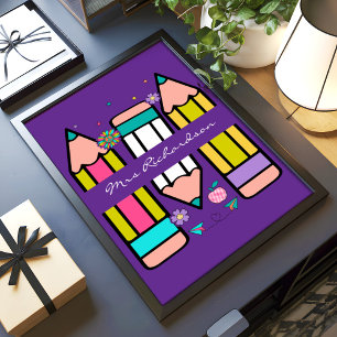 Lila Färgglad Lärarfigur Tecknad Pennskol Plakat Poster