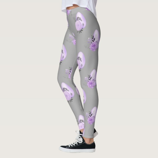 Lila Färgrik Blomma Botanisk Påskägg Stil Leggings (Vänster)