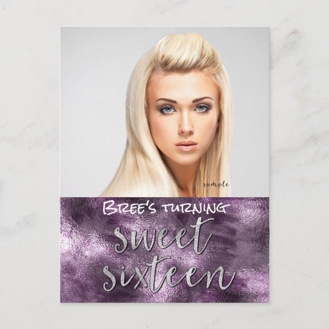 Lila Faux Foil Glamor Chic Photo Sweet 16 Meddelande Vykort (Framsida)