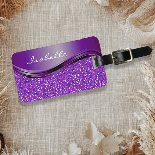 Lila Faux Glitter Bling Personlig Metall Bagagebricka