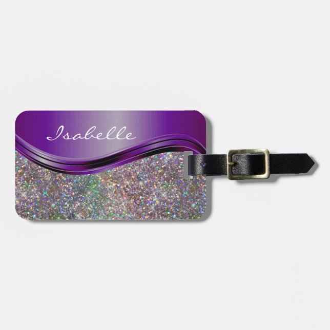 Lila Faux Glitter Bling Personlig Rainbow Bagagebricka (Horisontell Framsida)