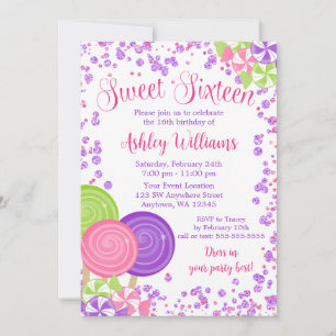 Lila Faux Glitter Candy Theme Sweet 16 Inbjudningar