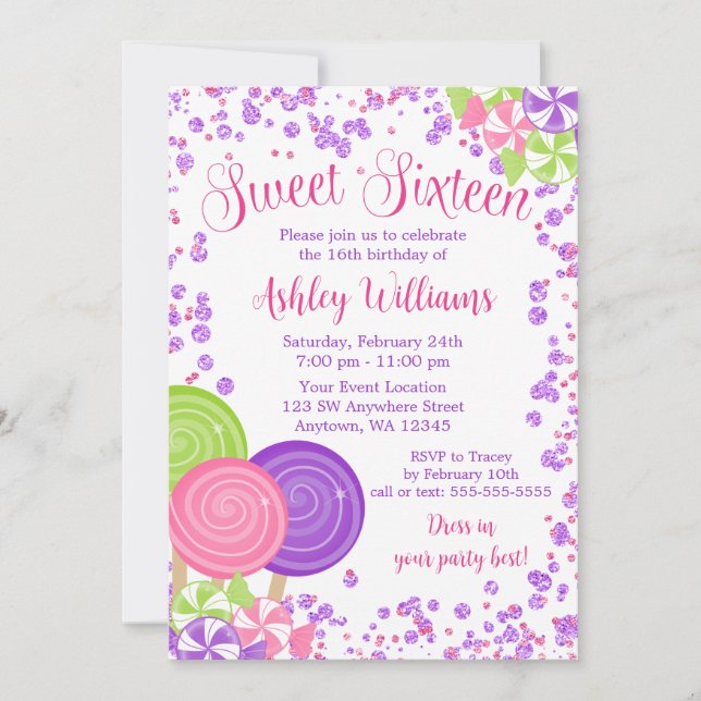 Lila Faux Glitter Candy Theme Sweet 16 Inbjudningar (Framsida)