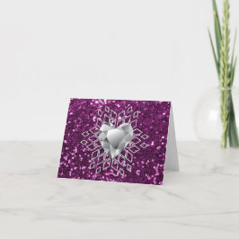 Lila Faux Glitter Diamond Heart Snowflake Helgkort