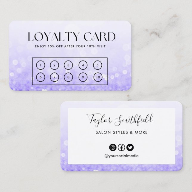Lila Faux Glitter Elegant Loyalty Card Visitkort (Fram/baksida)