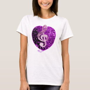 Lila Faux Glitter Heart Fransk Music Treble Clef T-shirt