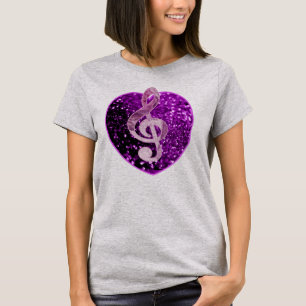 Lila Faux Glitter Heart Fransk Music Treble Clef T Shirt