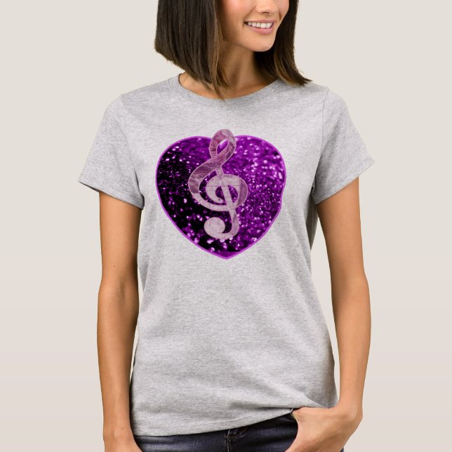 Lila Faux Glitter Heart Fransk Music Treble Clef T Shirt (Framsida)