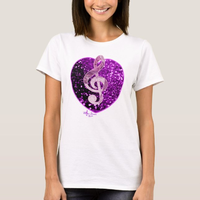 Lila Faux Glitter Heart Fransk Music Treble Clef Tee (Framsida)
