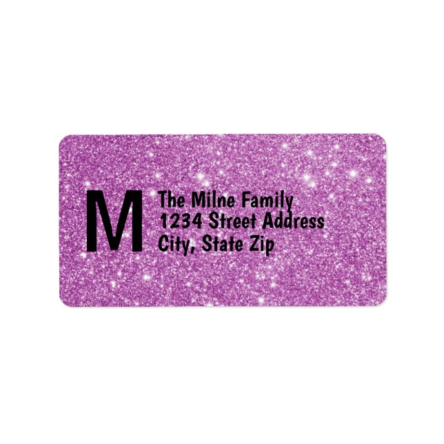 Lila Faux Glitter Monogram-Adressetiketter Adressetikett (Framsidan)