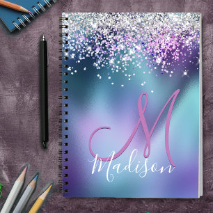 Lila faux glitter monogram anteckningsbok