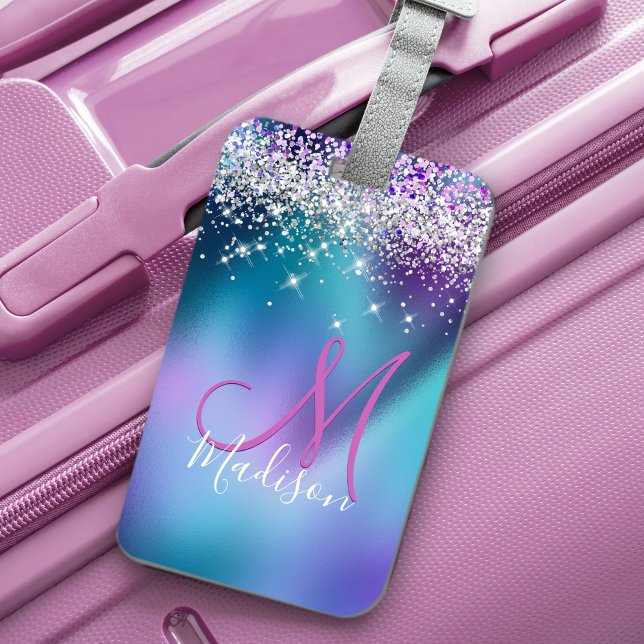 Lila faux glitter monogram bagagebricka (Skapare uppladdad)