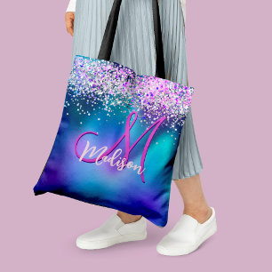 Lila faux glitter monogram tygkasse