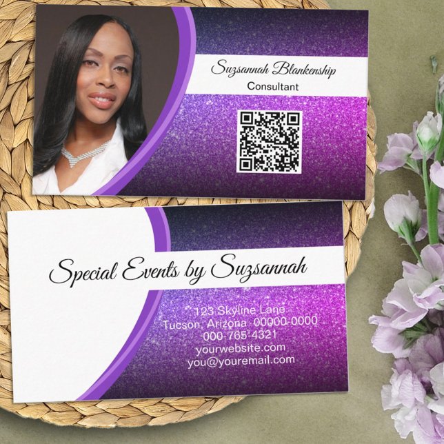 Lila Faux Glitter Professionell Photo QR-kod Visitkort (Simply add a photo and QR code with your personalized details to get your business information out.)