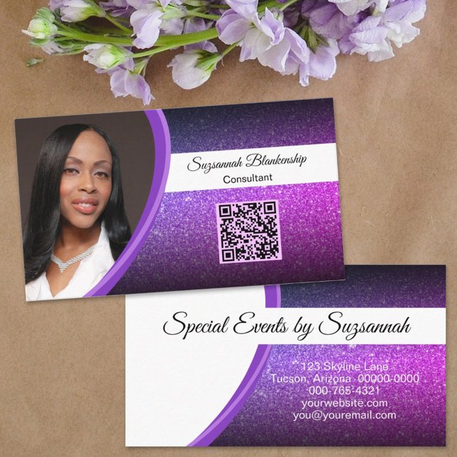 Lila Faux Glitter Professionell Photo QR-kod Visitkort (Share your photo and QR code on a faux glitter business card design ready to be personalized. )