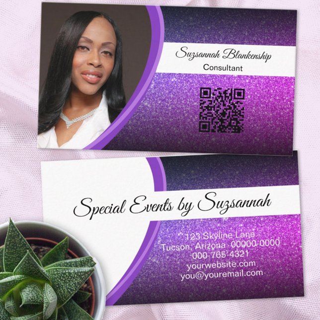 Lila Faux Glitter Professionell Photo QR-kod Visitkort (Skapare uppladdad)