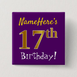 Lila, faux Guld 17:e födelsedagen, med eget namn Knapp