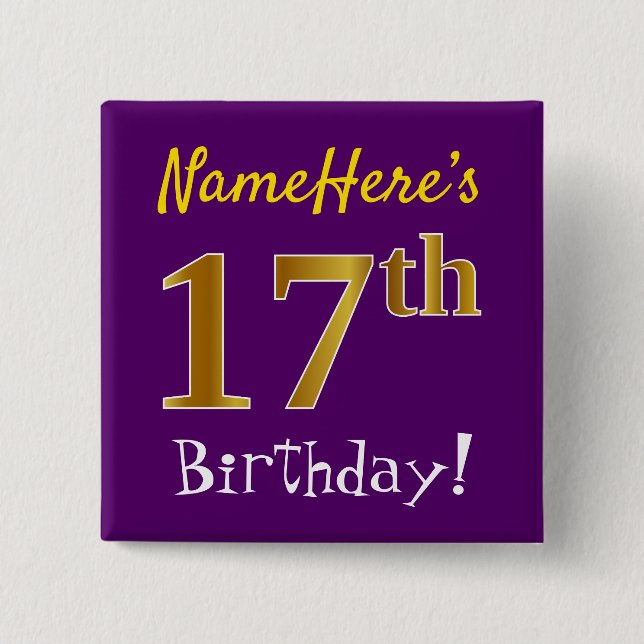 Lila, faux Guld 17:e födelsedagen, med eget namn Knapp (Framsida)
