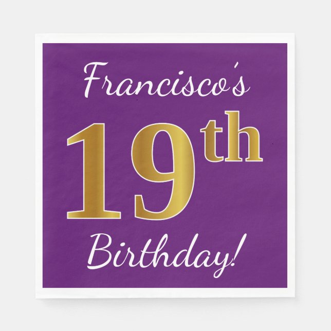 Lila, faux Guld 19:e födelsedagen + eget namn Pappersservett (Framsidan)