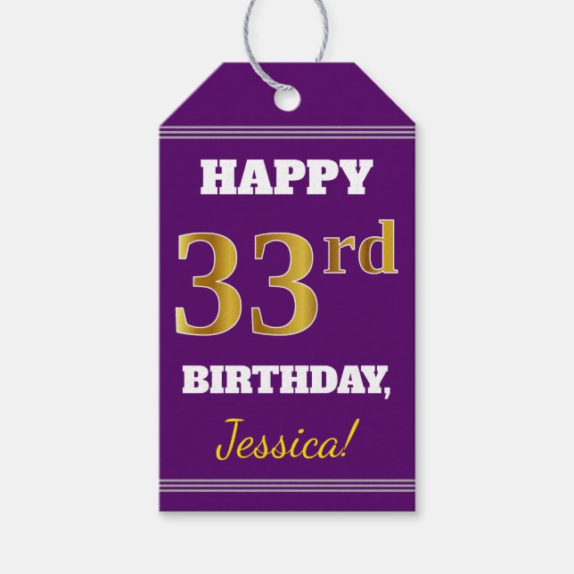 Lila, Faux Guld 33:e födelsedagen + eget namn Presentetikett (Framsidan)