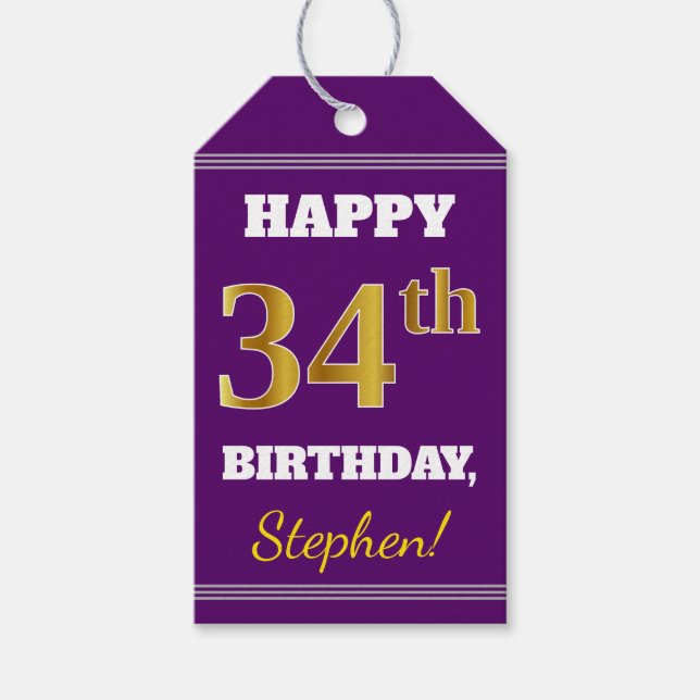 Lila, Faux Guld 34:e födelsedagen + eget namn Presentetikett (Framsidan)