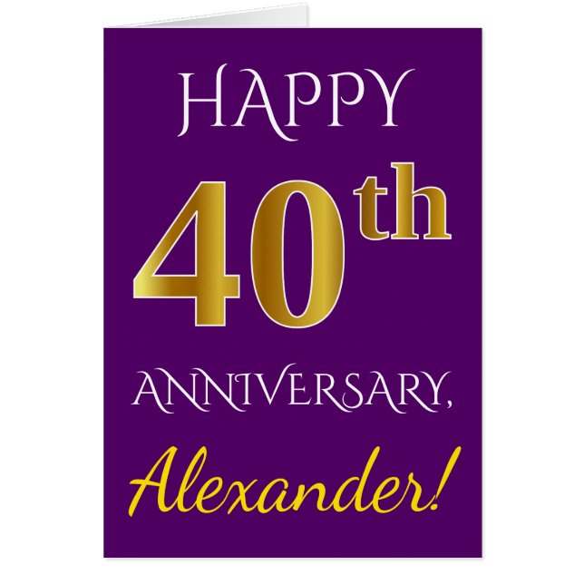Lila, Faux Guld 40:e Bröllop-årsdagen + Namn Hälsningskort (Framsidan)