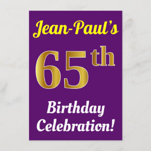 Lila, Faux Guld 65e Birthday Firation + Namn Inbjudningar