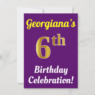 Lila, Faux Guld 6e Birthday Firation + Namn Inbjudningar