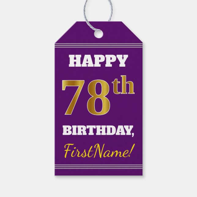 Lila, Faux Guld 78:e födelsedagen + eget namn Presentetikett (Framsidan)