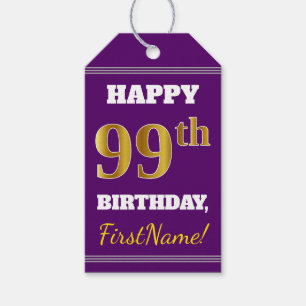 Lila, Faux Guld 99th Birthday + Custom Name Presentetikett