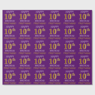 Lila, Faux Guld "LYCKLIG 10:e BIRTHDAY" Presentpapper
