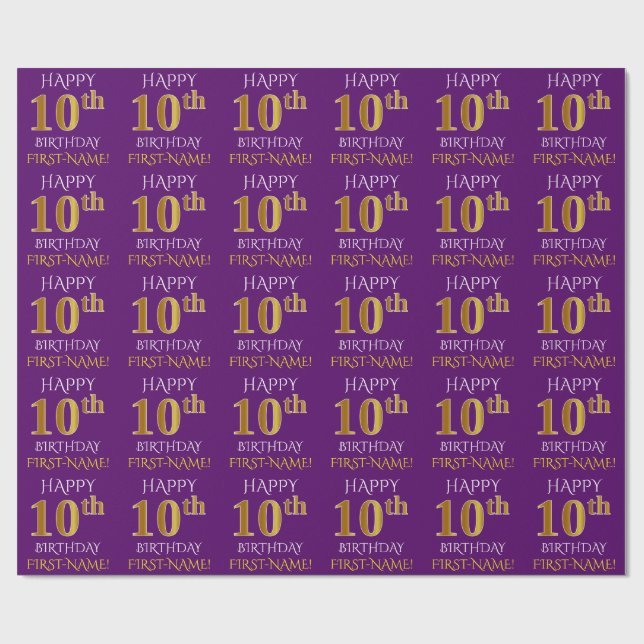 Lila, Faux Guld "LYCKLIG 10:e BIRTHDAY" Presentpapper (Platt)