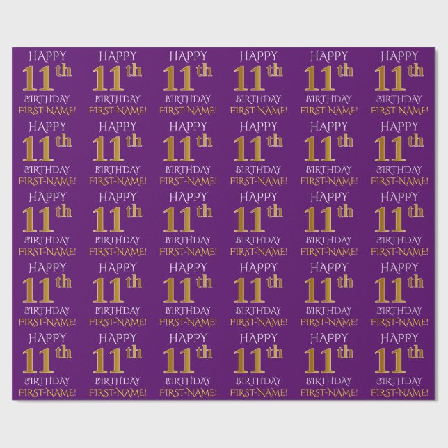 Lila, Faux Guld "LYCKLIG 11:e BIRTHDAY" Presentpapper (Platt)
