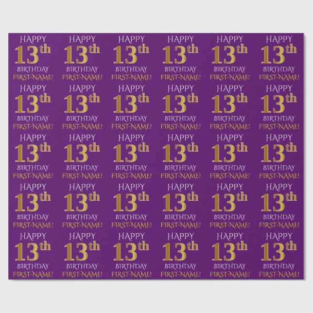 Lila, Faux Guld "LYCKLIG 13:e BIRTHDAY" Presentpapper (Platt)