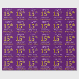 Lila, Faux Guld "LYCKLIG 15:e BIRTHDAY" Presentpapper