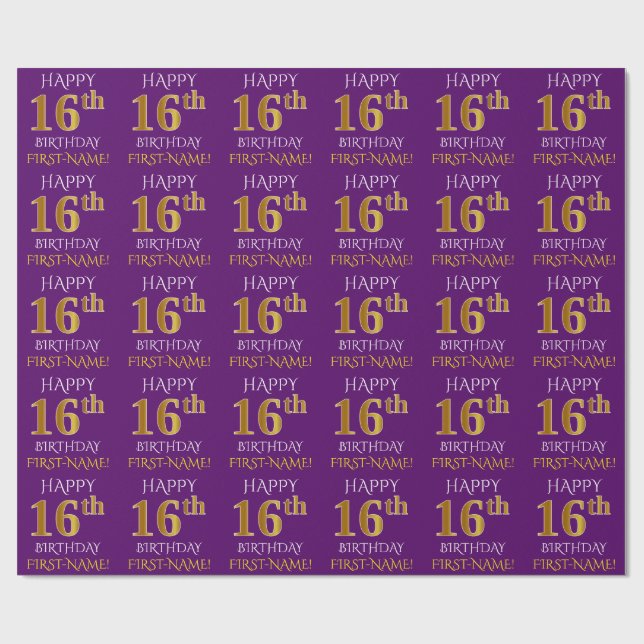 Lila, Faux Guld "LYCKLIG 16:e BIRTHDAY" Presentpapper (Platt)