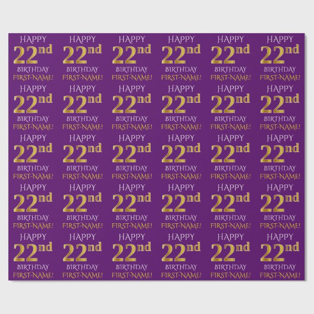 Lila, Faux Guld "LYCKLIG 22:a BIRTHDAY" Presentpapper (Platt)