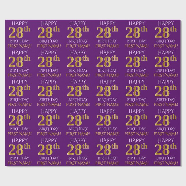 Lila, Faux Guld "LYCKLIG 28:e BIRTHDAY" Presentpapper (Platt)